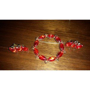 Vintage Fire Orange Stone Brooch with Matching Clip On Earrings